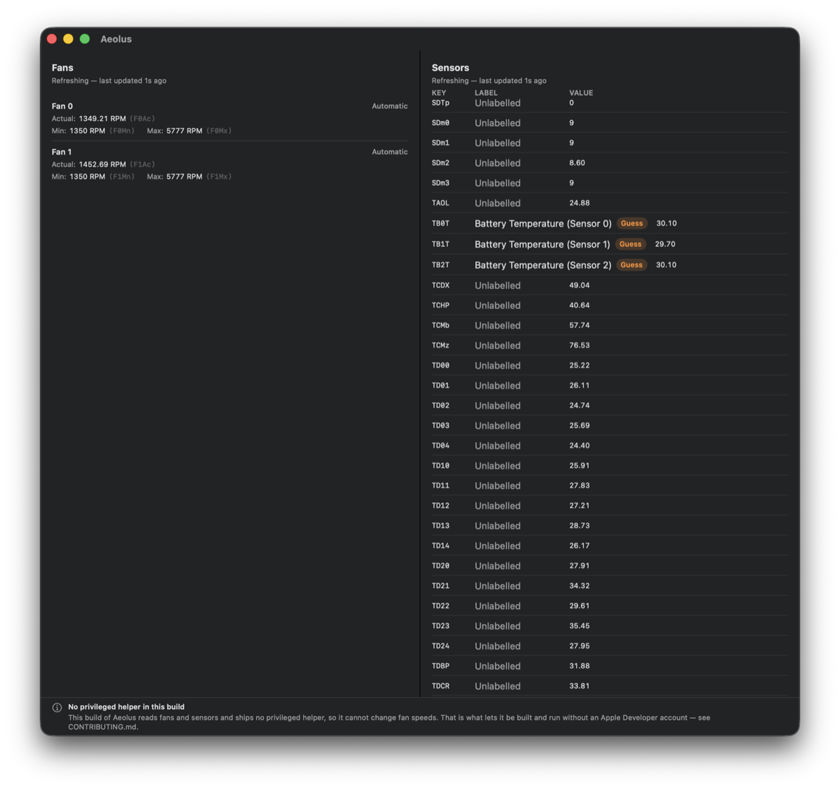 Aeolus Monitor window showing live fan, temperature, and power readouts
