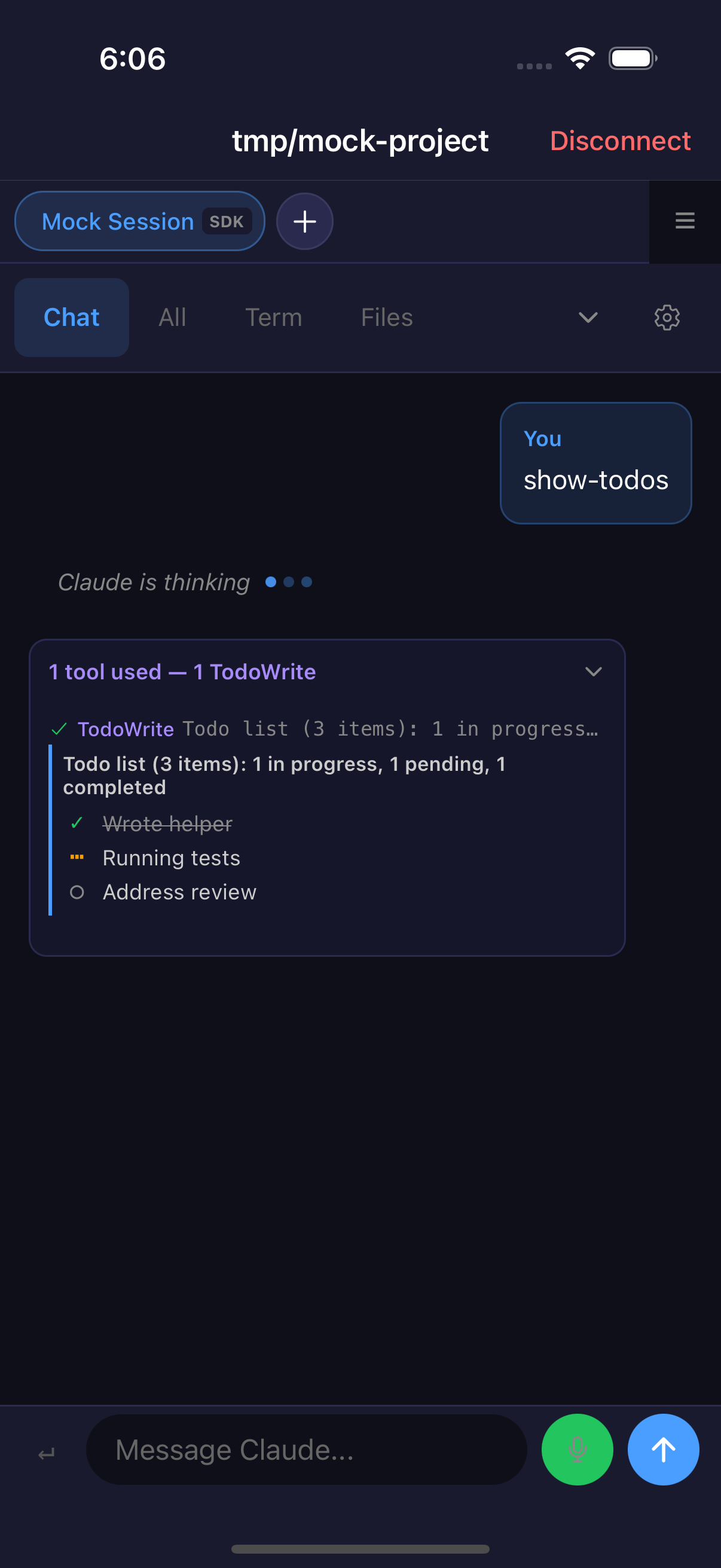 Chroxy mobile chat view rendering a live coding-agent session with a to-do list