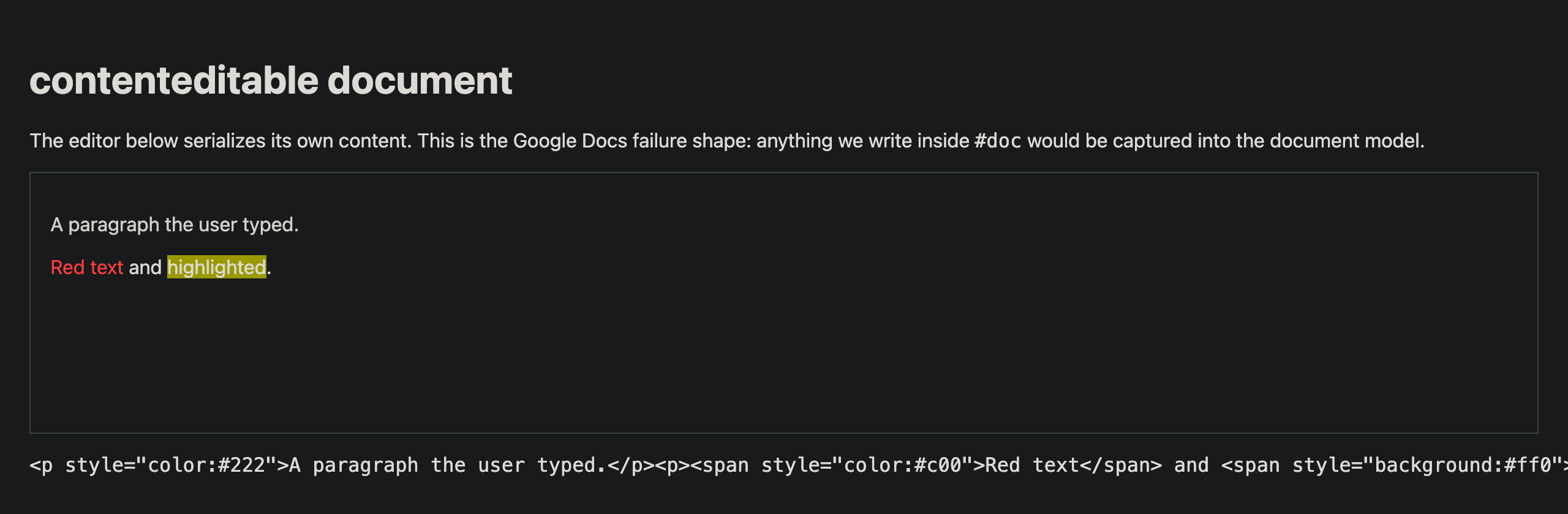 A rich-text editor fixture page rendered in dark mode by duskwright