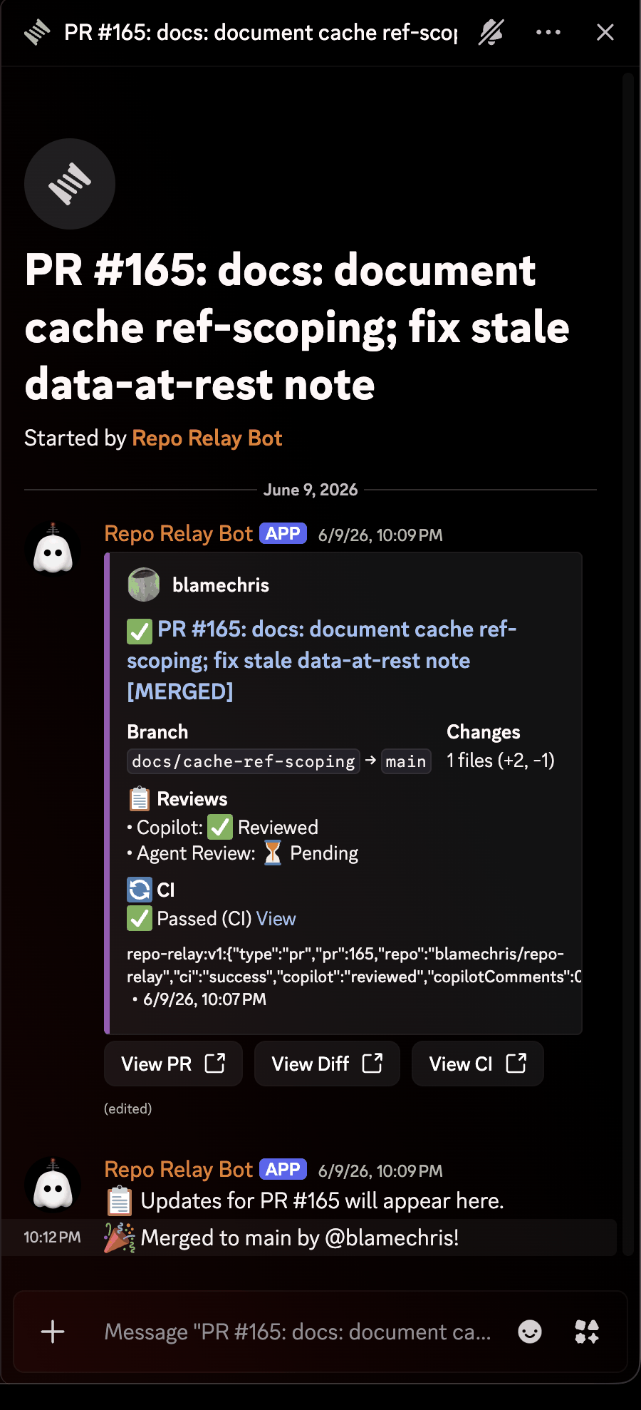 A pull request's Discord thread: embed, in-thread CI updates, and merge notice
